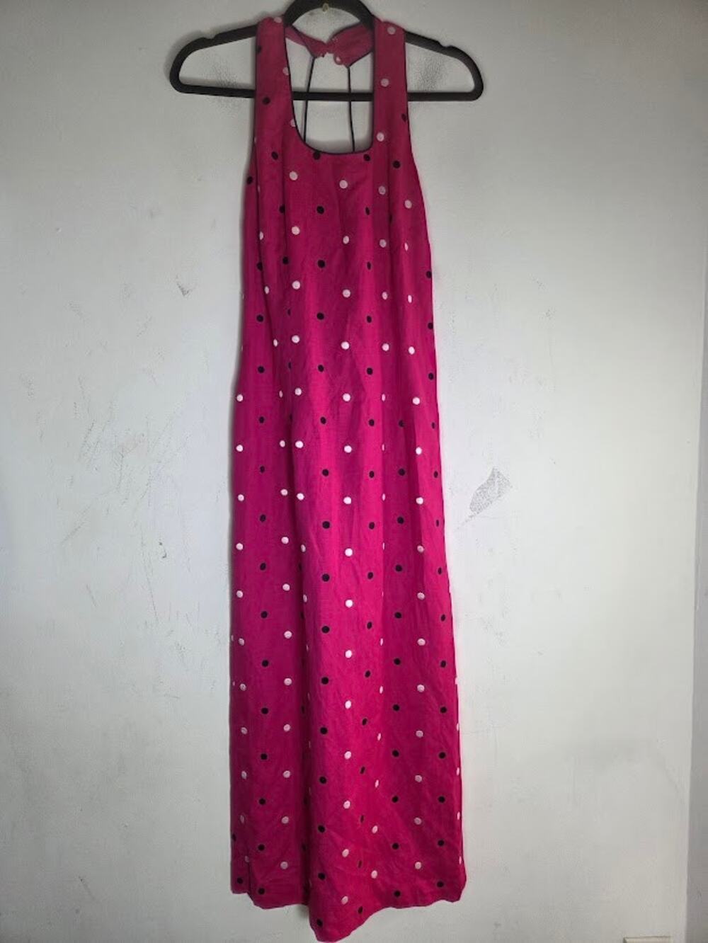 Donna Morgan Fuschia Pink w/White Black Polka Dot Linen Halter Midi Dress sz 8